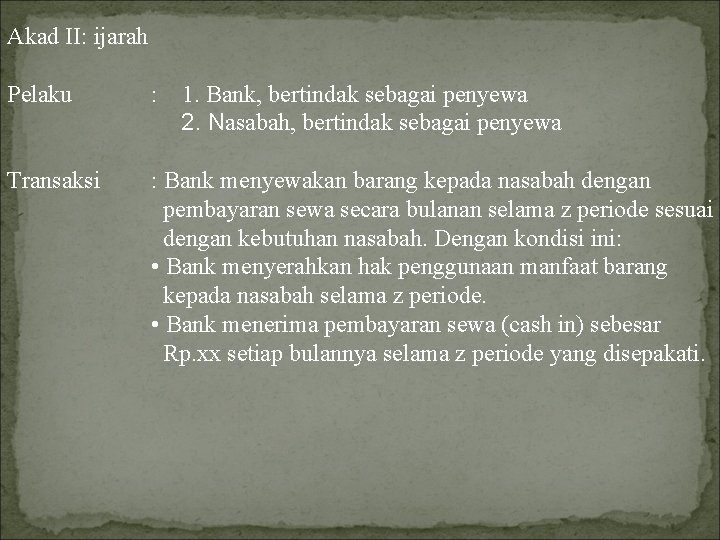 Akad II: ijarah Pelaku : 1. Bank, bertindak sebagai penyewa 2. Nasabah, bertindak sebagai