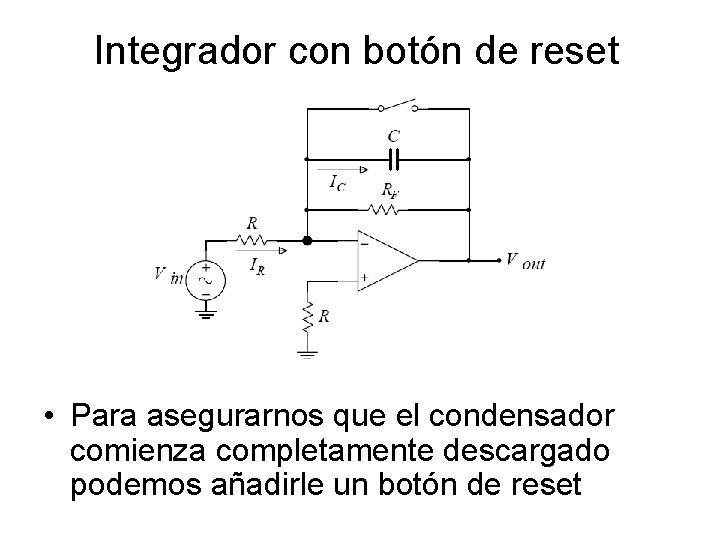 Integrador con botón de reset • Para asegurarnos que el condensador comienza completamente descargado