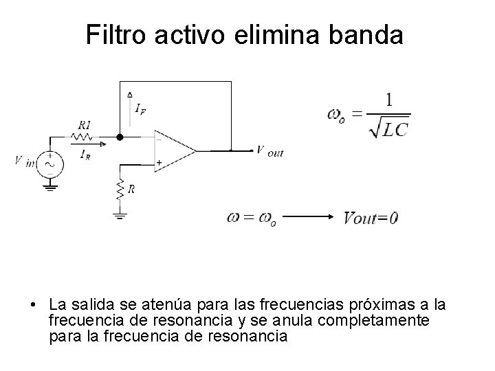 Filtro activo elimina banda • La salida se atenúa para las frecuencias próximas a