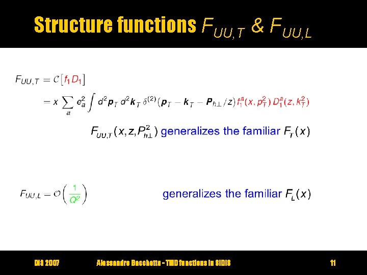 Structure functions FUU, T & FUU, L DIS 2007 Alessandro Bacchetta - TMD functions