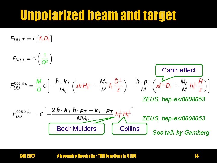 Unpolarized beam and target Cahn effect ZEUS, hep-ex/0608053 Boer-Mulders DIS 2007 Collins Alessandro Bacchetta