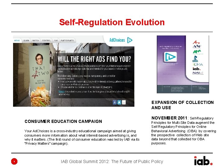 Self-Regulation Evolution EXPANSION OF COLLECTION AND USE CONSUMER EDUCATION CAMPAIGN Your Ad. Choices is