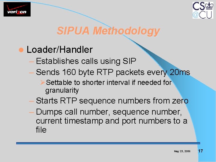 SIPUA Methodology l Loader/Handler – Establishes calls using SIP – Sends 160 byte RTP