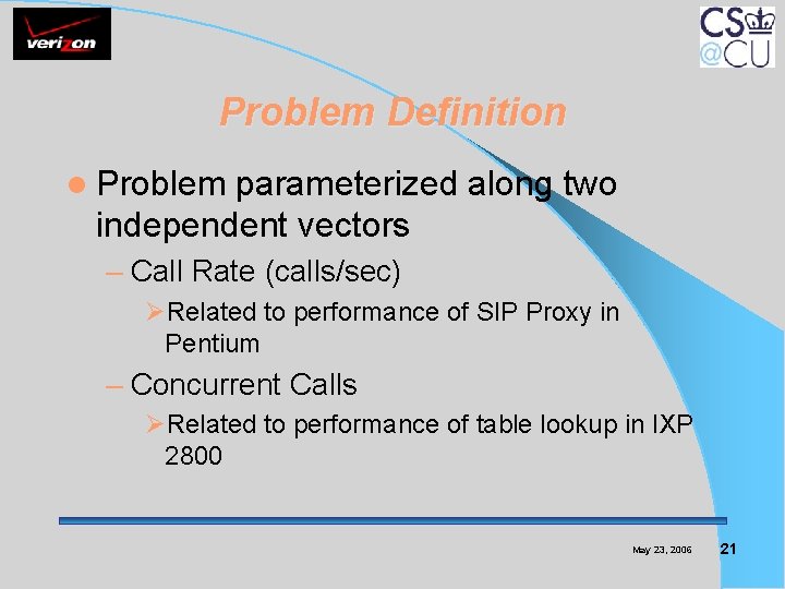 Problem Definition l Problem parameterized along two independent vectors – Call Rate (calls/sec) ØRelated