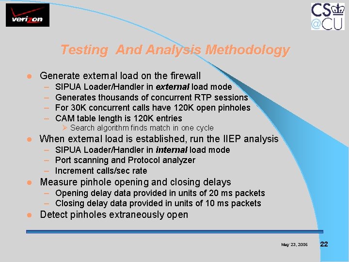 Testing And Analysis Methodology l Generate external load on the firewall – – SIPUA