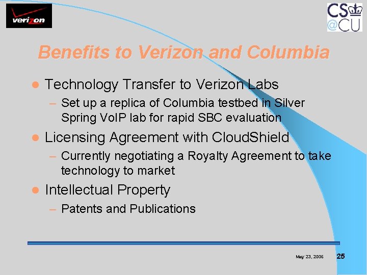 Benefits to Verizon and Columbia l Technology Transfer to Verizon Labs – Set up
