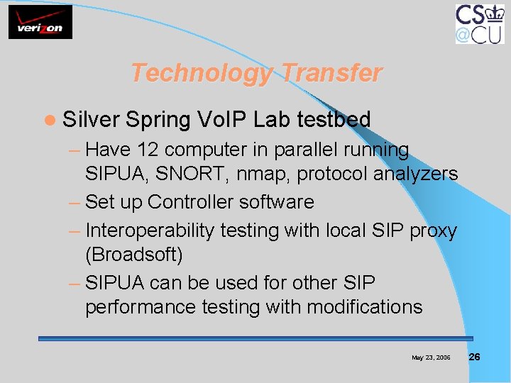 Technology Transfer l Silver Spring Vo. IP Lab testbed – Have 12 computer in