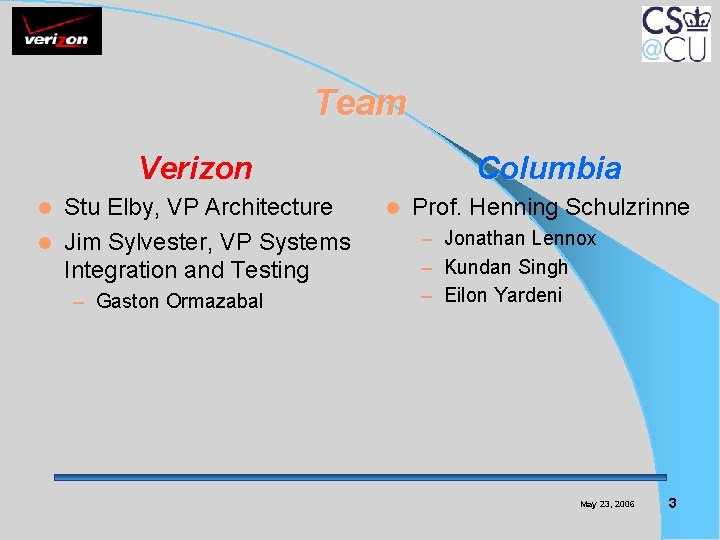 Team Verizon Stu Elby, VP Architecture l Jim Sylvester, VP Systems Integration and Testing