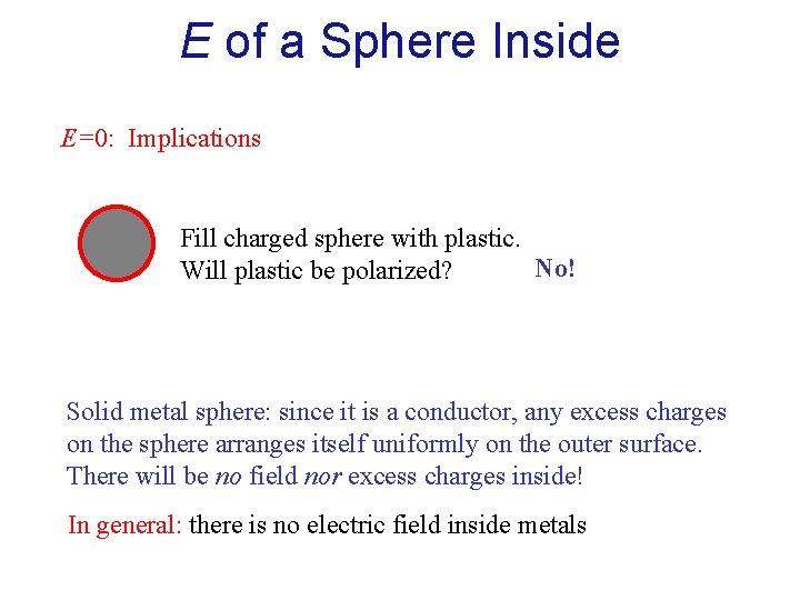 E of a Sphere Inside E=0: Implications Fill charged sphere with plastic. No! Will