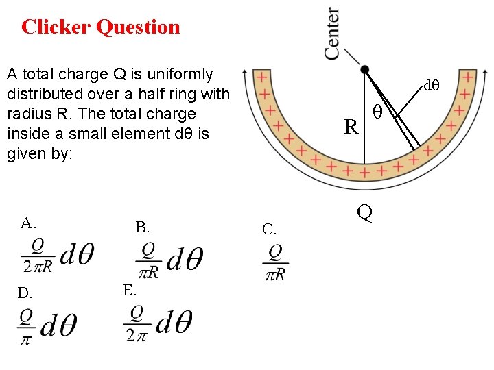 Clicker Question A total charge Q is uniformly distributed over a half ring with