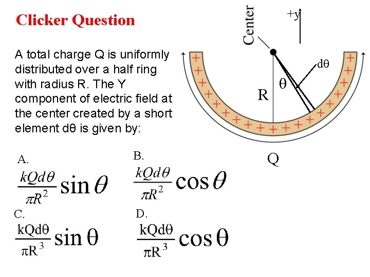 +y Clicker Question A total charge Q is uniformly distributed over a half ring