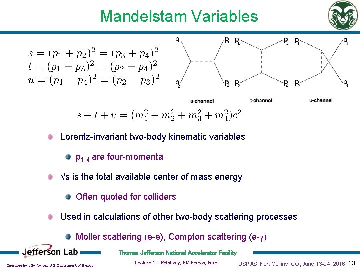 Mandelstam Variables Lorentz-invariant two-body kinematic variables p 1 -4 are four-momenta √s is the