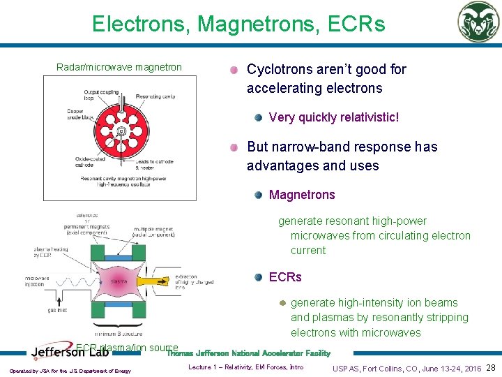 Electrons, Magnetrons, ECRs Radar/microwave magnetron Cyclotrons aren’t good for accelerating electrons Very quickly relativistic!