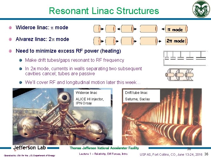 Resonant Linac Structures Wideroe linac: mode Alvarez linac: 2 mode Need to minimize excess