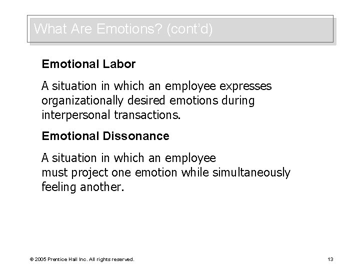 What Are Emotions? (cont’d) Emotional Labor A situation in which an employee expresses organizationally