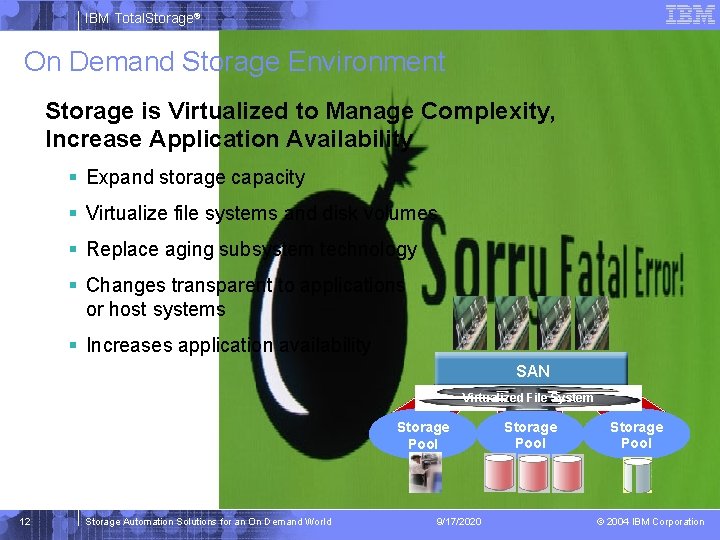 IBM Total. Storage® On Demand Storage Environment Storage is Virtualized to Manage Complexity, Increase