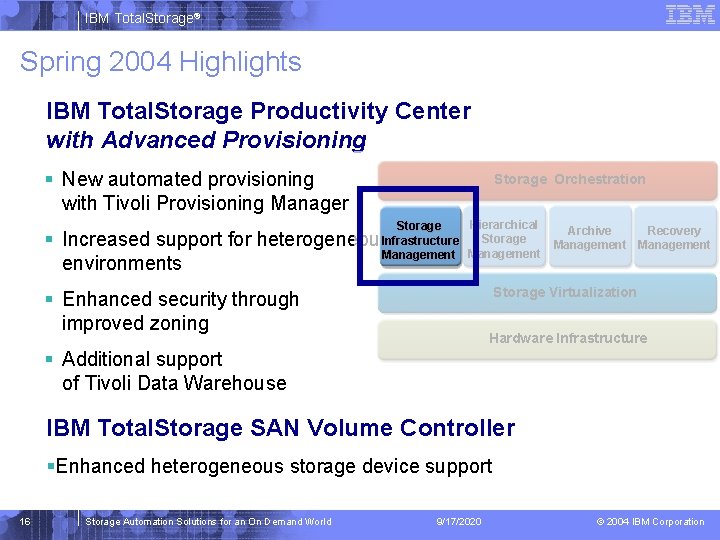 IBM Total. Storage® Spring 2004 Highlights IBM Total. Storage Productivity Center with Advanced Provisioning