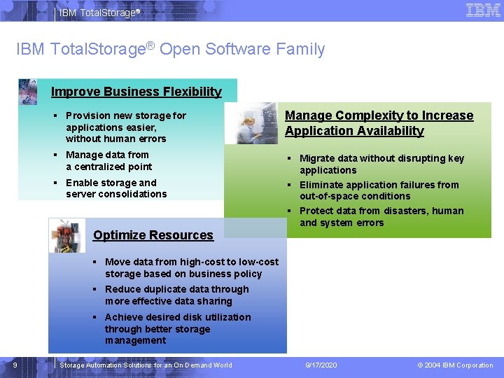 IBM Total. Storage® Open Software Family Improve Business Flexibility § Provision new storage for