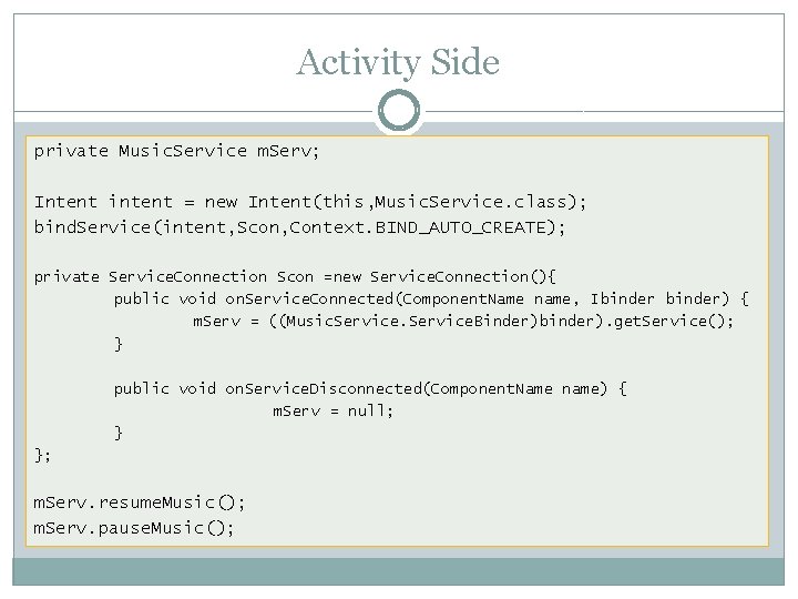 Activity Side private Music. Service m. Serv; Intent intent = new Intent(this, Music. Service.