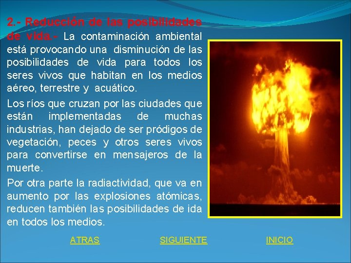 2. - Reducción de las posibilidades de vida. - La contaminación ambiental está provocando