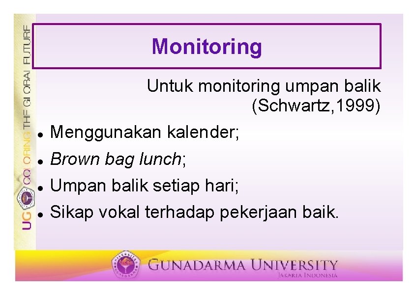 Monitoring Untuk monitoring umpan balik (Schwartz, 1999) Menggunakan kalender; Brown bag lunch; Umpan balik