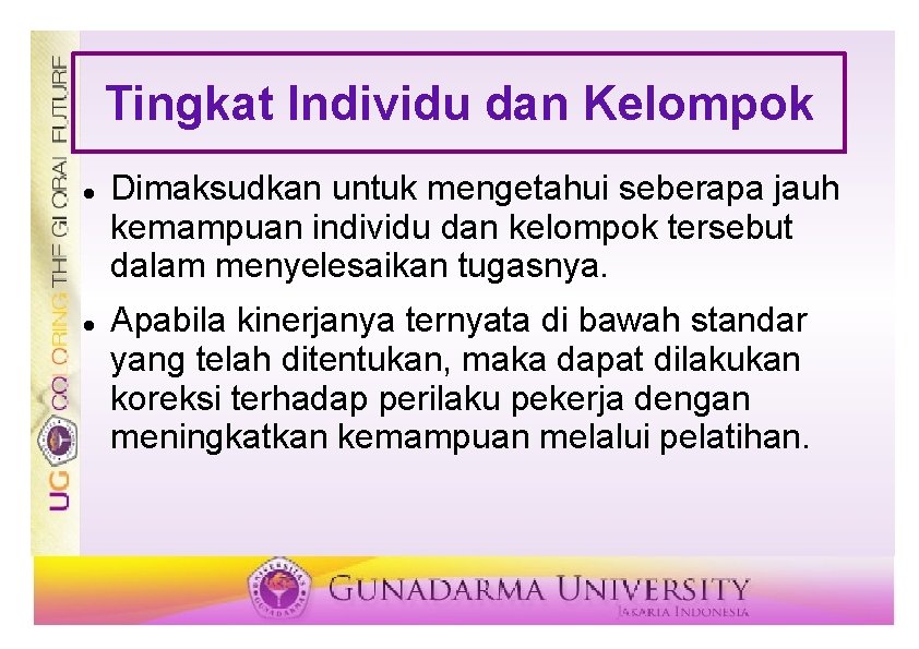 Tingkat Individu dan Kelompok Dimaksudkan untuk mengetahui seberapa jauh kemampuan individu dan kelompok tersebut