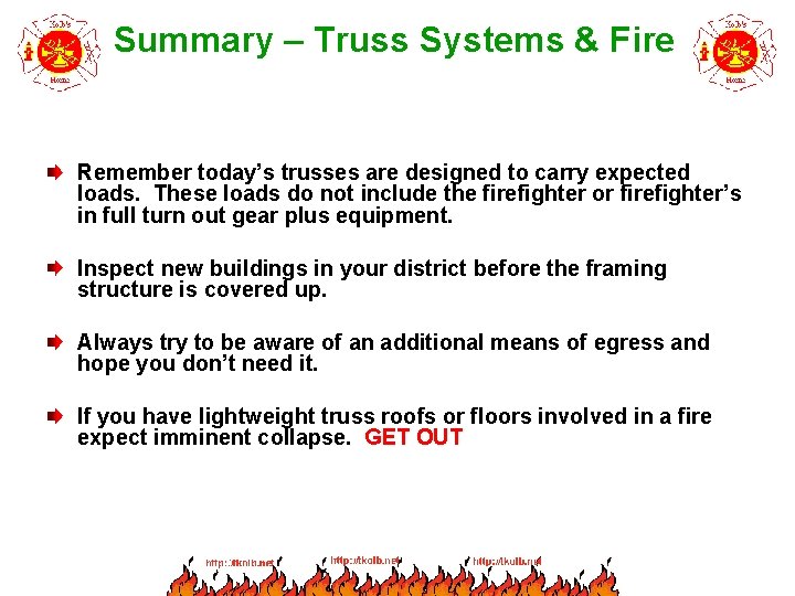 Summary – Truss Systems & Fire Remember today’s trusses are designed to carry expected