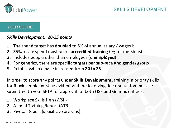 SKILLS DEVELOPMENT YOUR SCORE Skills Development: 20 -25 points 1. 2. 3. 4. 5.