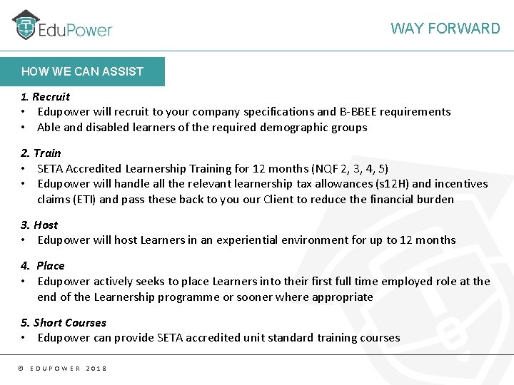 WAY FORWARD HOW WE CAN ASSIST 1. Recruit • Edupower will recruit to your