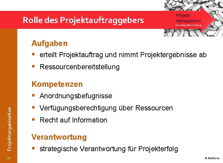 Rolle des Projektauftraggebers Aufgaben § erteilt Projektauftrag und nimmt Projektergebnisse ab § Ressourcenbereitstellung Projektorganisation