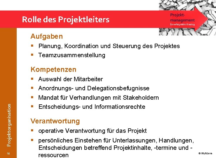 Rolle des Projektleiters Projektorganisation Aufgaben § Planung, Koordination und Steuerung des Projektes § Teamzusammenstellung