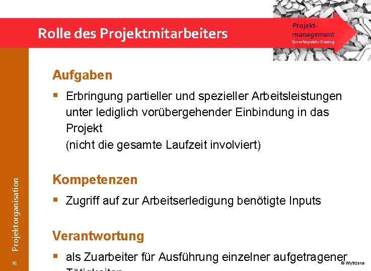 Rolle des Projektmitarbeiters Aufgaben § Erbringung partieller und spezieller Arbeitsleistungen Projektorganisation unter lediglich vorübergehender
