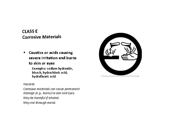 CLASS E Corrosive Materials § Caustics or acids causing severe irritation and burns to