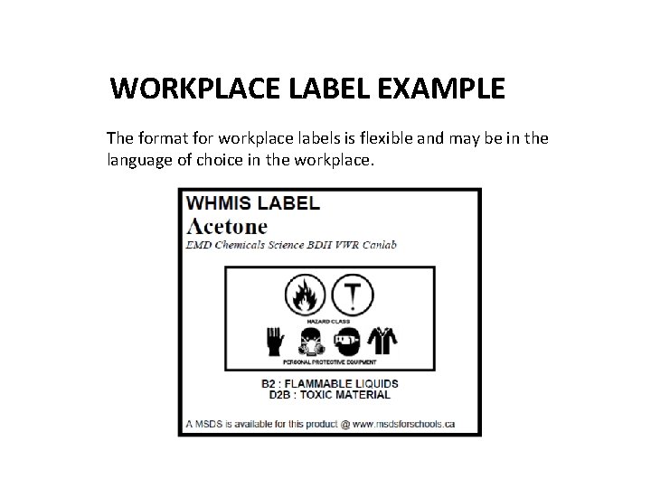 WORKPLACE LABEL EXAMPLE The format for workplace labels is flexible and may be in