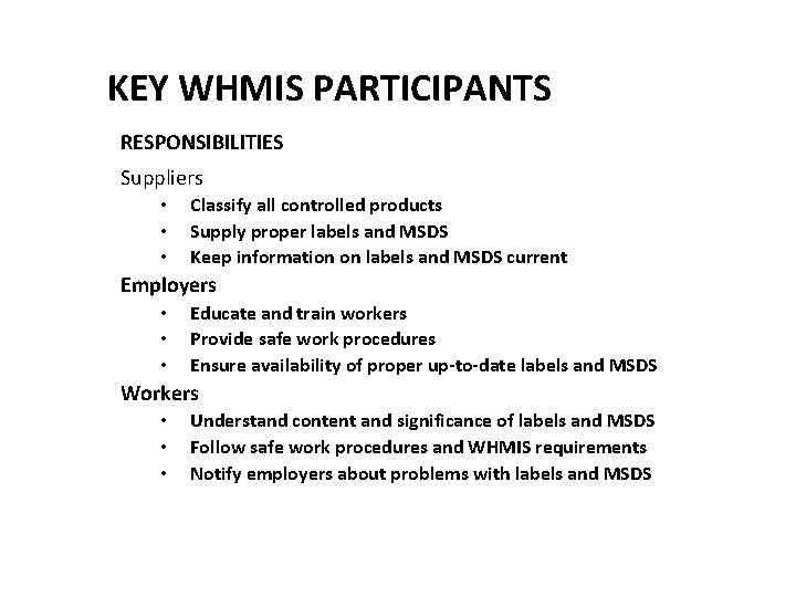 KEY WHMIS PARTICIPANTS RESPONSIBILITIES Suppliers • • • Classify all controlled products Supply proper