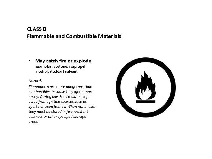 CLASS B Flammable and Combustible Materials • May catch fire or explode Examples: acetone,