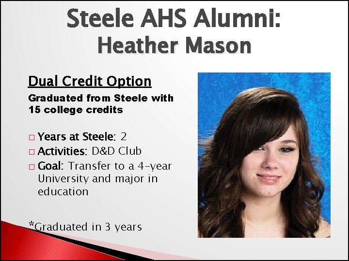 Steele AHS Alumni: Heather Mason Dual Credit Option Graduated from Steele with 15 college