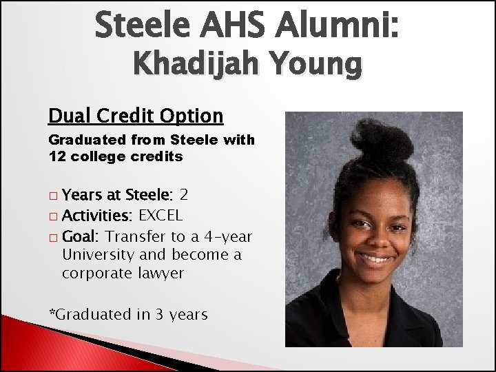 Steele AHS Alumni: Khadijah Young Dual Credit Option Graduated from Steele with 12 college