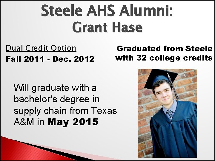 Steele AHS Alumni: Grant Hase Dual Credit Option Fall 2011 - Dec. 2012 Graduated