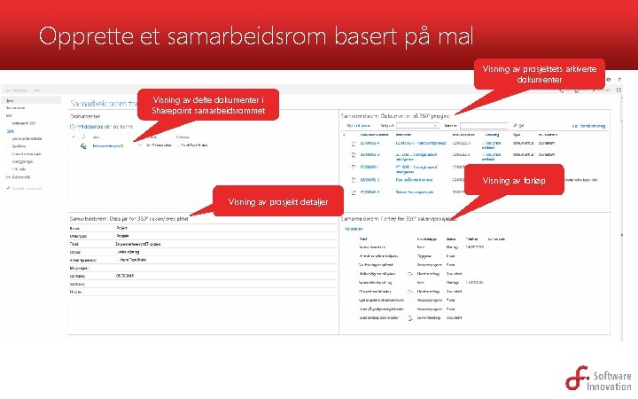 Opprette et samarbeidsrom basert på mal Visning av prosjektets arkiverte dokumenter Visning av delte