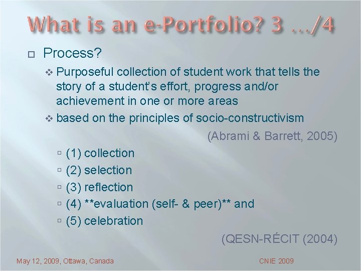 ¨ Process? v Purposeful collection of student work that tells the story of a