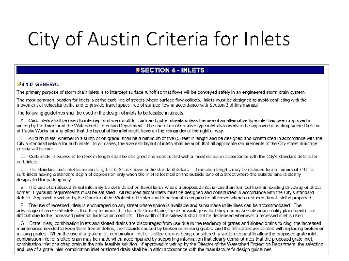 City of Austin Criteria for Inlets 