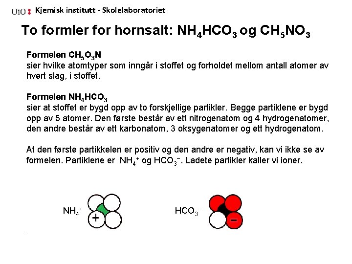 Kjemisk institutt - Skolelaboratoriet To formler for hornsalt: NH 4 HCO 3 og CH