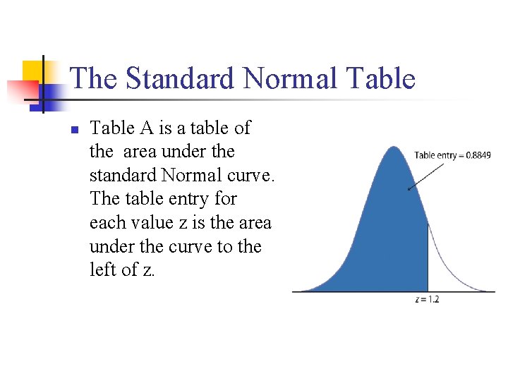 The Standard Normal Table n Table A is a table of the area under