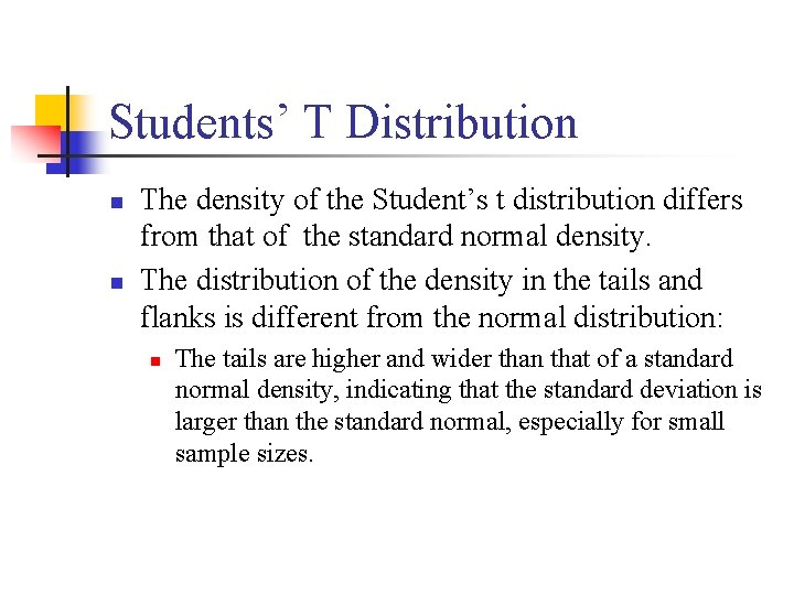 Students’ T Distribution n n The density of the Student’s t distribution differs from