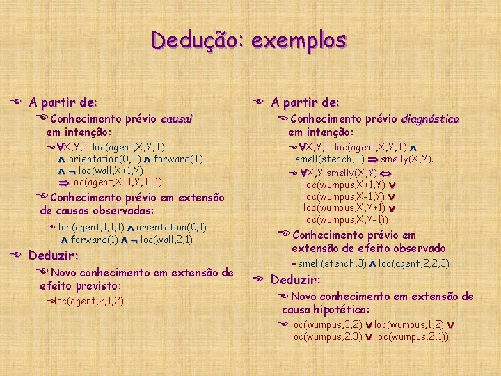 Dedução: exemplos E A partir de: E Conhecimento prévio causal em intenção: E X,