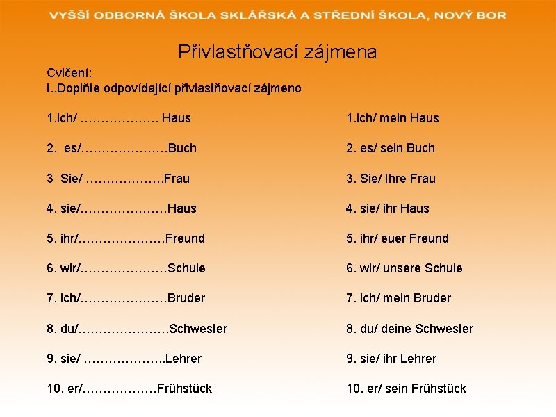 Přivlastňovací zájmena Cvičení: I. . Doplňte odpovídající přivlastňovací zájmeno 1. ich/ ………………. Haus 1.