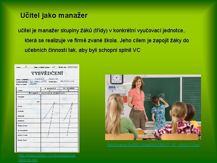 Učitel jako manažer učitel je manažer skupiny žáků (třídy) v konkrétní vyučovací jednotce, která