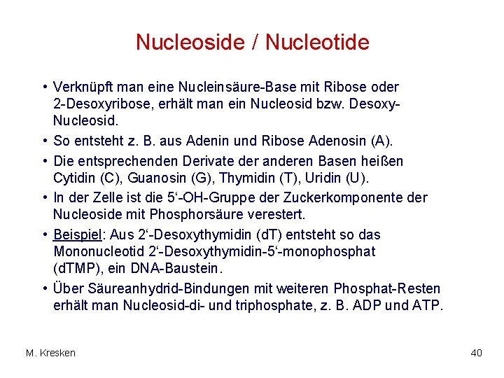 Nucleoside / Nucleotide • Verknüpft man eine Nucleinsäure-Base mit Ribose oder 2 -Desoxyribose, erhält