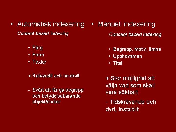  • Automatisk indexering • Manuell indexering Content based indexing • Färg • Form